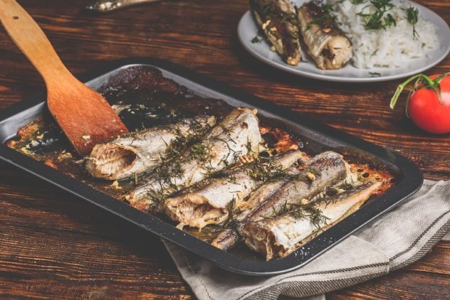 Fish cooked on baking tray