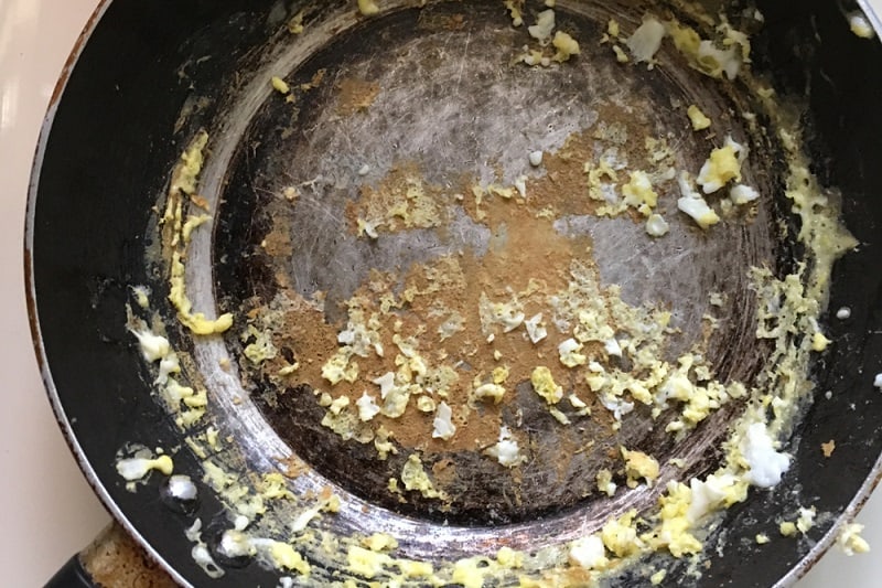 Scrambled egg stuck on pan