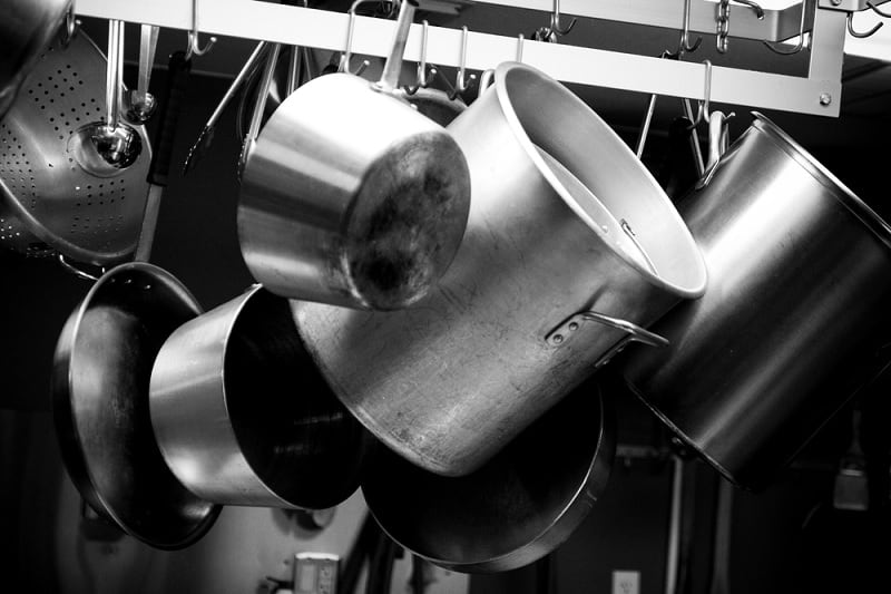 Pans hanging up in kitchen