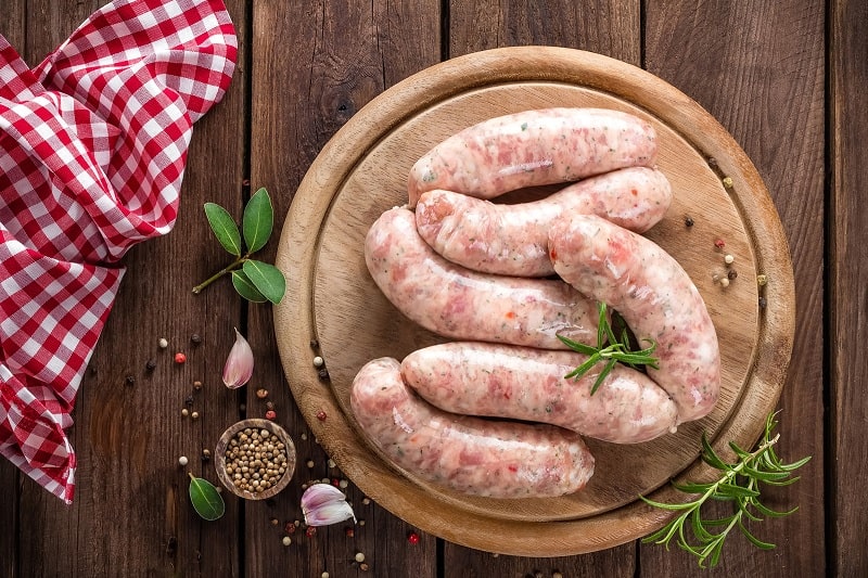 Sausages on kitchen countertop