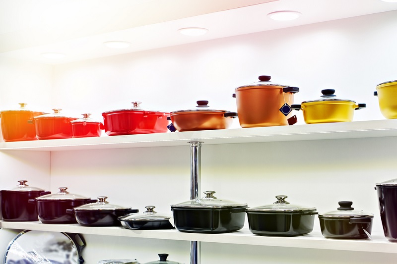 Enamel cookware on shelf