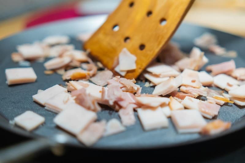 Turkey ham pieces on griddle