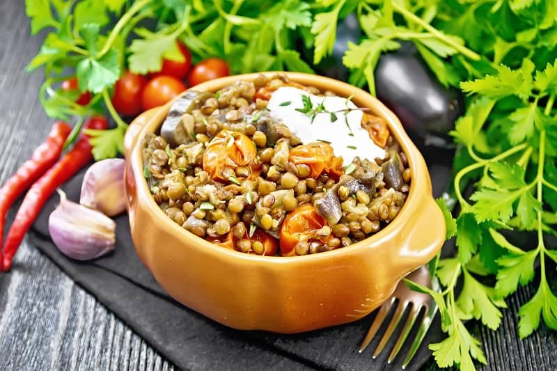 Cooked lentils in bowl