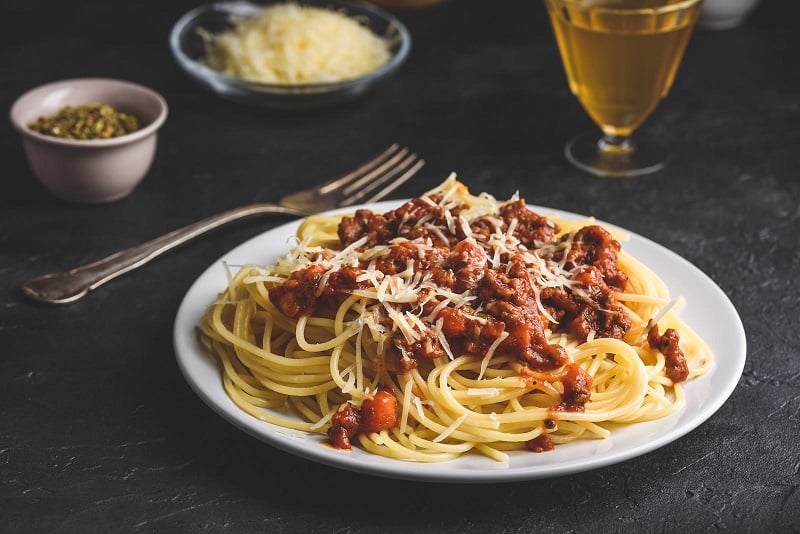 Plate of spaghetti bolognese